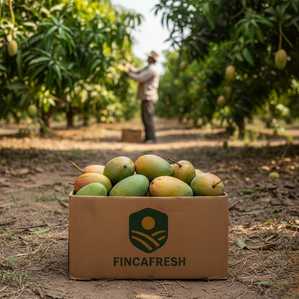 Frisch geerntete Mangos in Fincafresh-Kiste auf andalusischem Feld, direkt vom Bauernhof