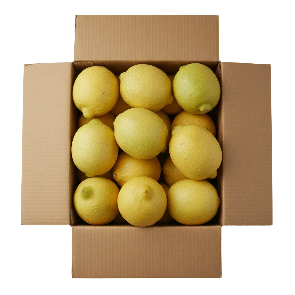 Frische andalusische Zitronen im Karton, direkt vom Feld, Fincafresh Obst und Gemüse